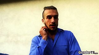 Busty tgirl facefucks while anal riding